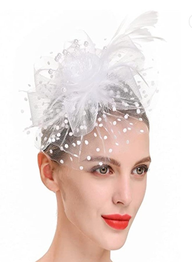 KICOFIT Fascinators Hats 20s 50s Hat Pillbox Hat Cocktail Tea Party Headwear with Veil for Girls and Women (US, Alpha, One Size, A-White) - Image 2